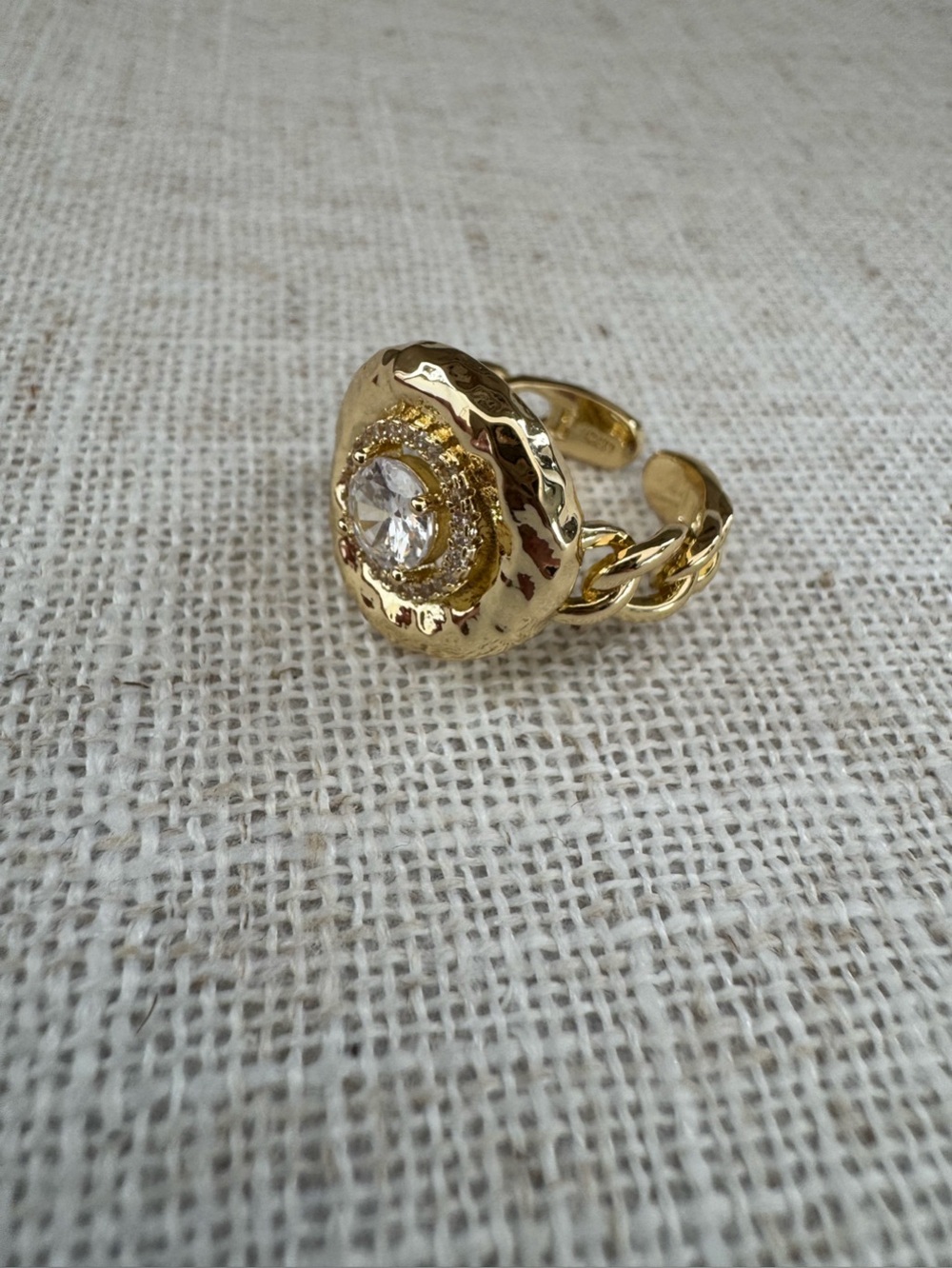 NEW Gold Chain-Link Ring Crystal Clear Stone NWOT One Size Adjustable